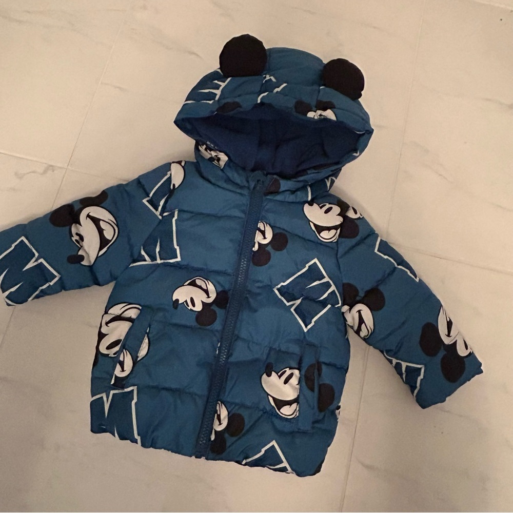 Disney baby Blue Mickey Mouse Puffer Jacket with ears and pockets. Zip up. EUC!